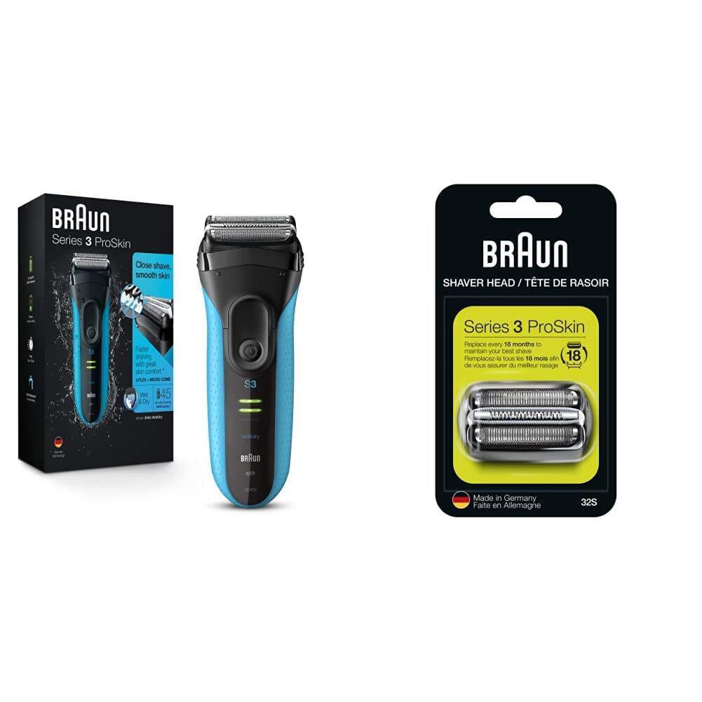 Braun Electric Series 3 Razor with Precision Trimmer, Rechargeable, Wet & Dry Foil Shaver for Men, Blue/Black, 4 Piece