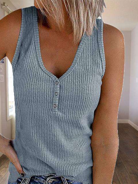 Knitted Ribs V-neck Solid Color Sleeveless Top