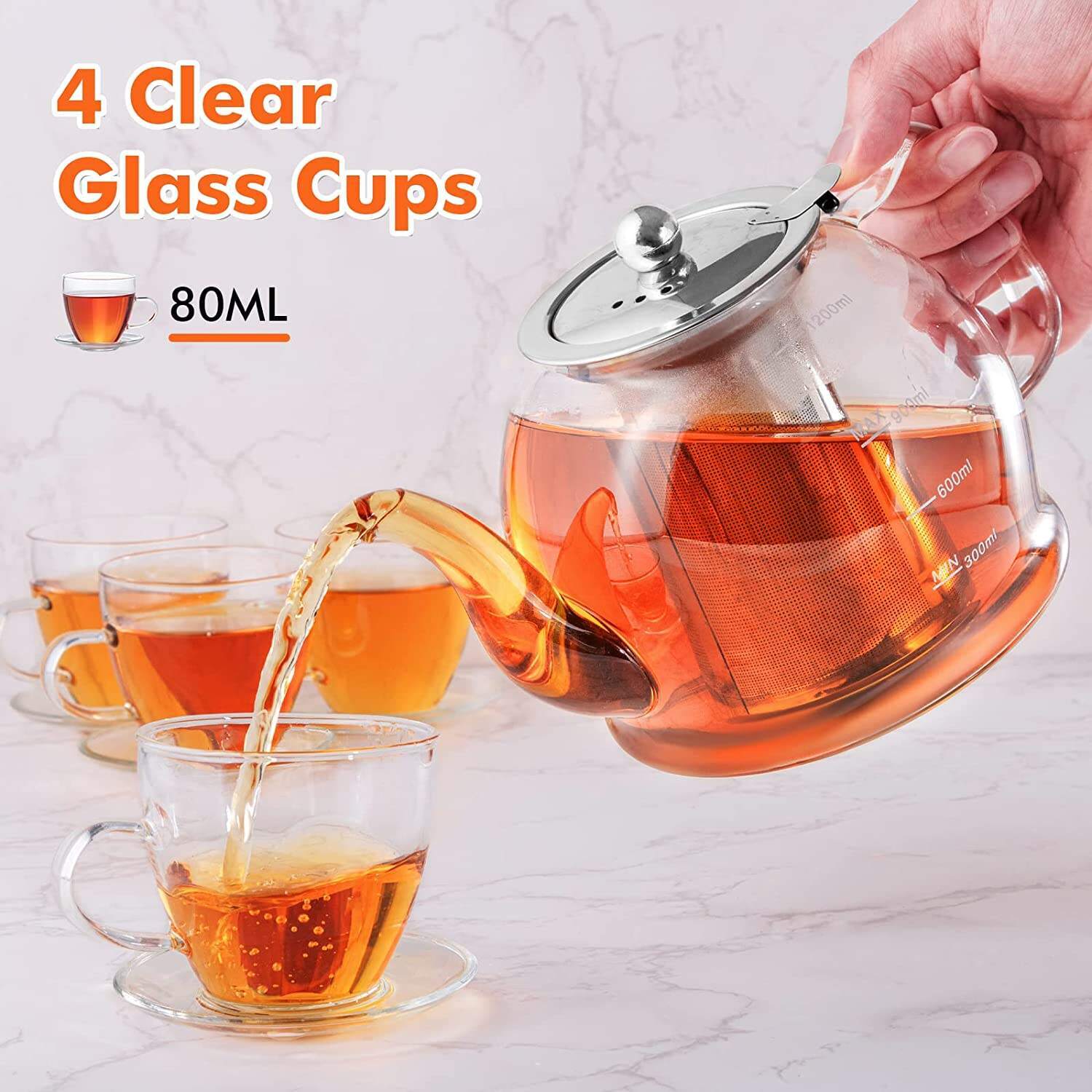 MINO ANT Tea Set  ̈C 1200ml Glass Teapot with Removable Stainless Steel Infuser, and 4 Glass Teacups, Stovetop Safe Tea Kettle Gift Set, Blooming and Loose Leaf Tea Maker Set