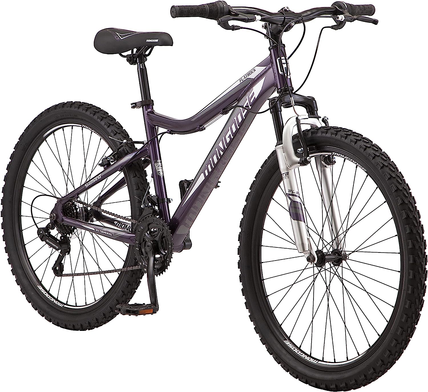 Mongoose Flatrock Hardtail Mountain Bike for Youth Adult Men Women, 21-Speed Twist Shifters, 24 to 29-Inch Wheels, 14.5 to 18-Inch Aluminum Frame Options