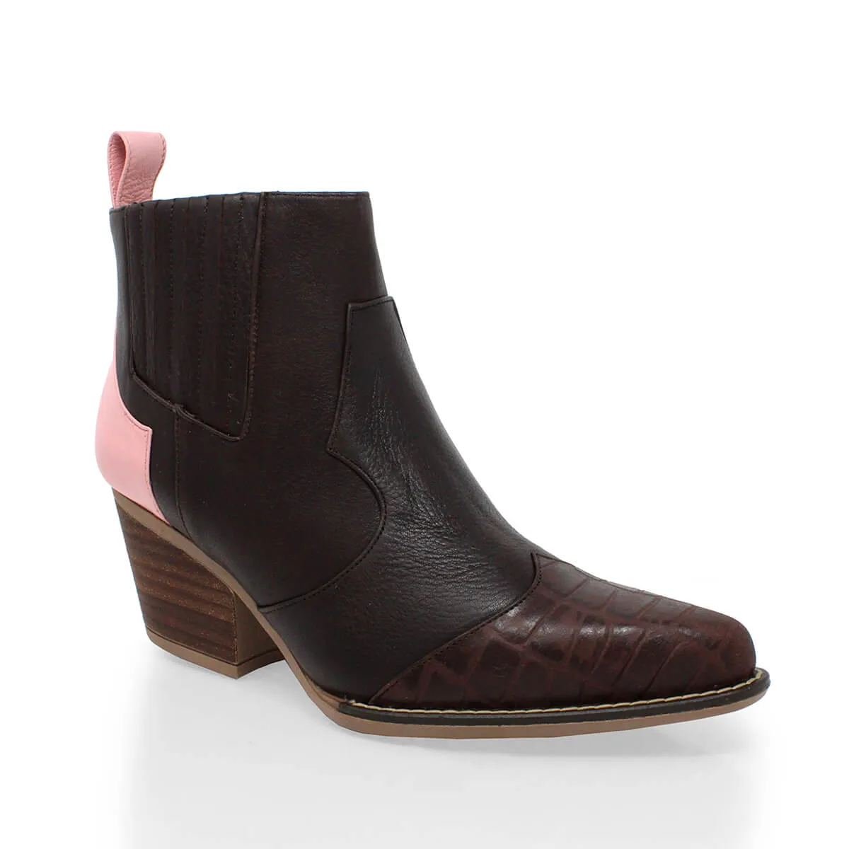 MADDIE 60 Edicion Limitada - Chocolate y Rosa Romero Zapato Bota Botin Tacon Bajo para Dama en Piel