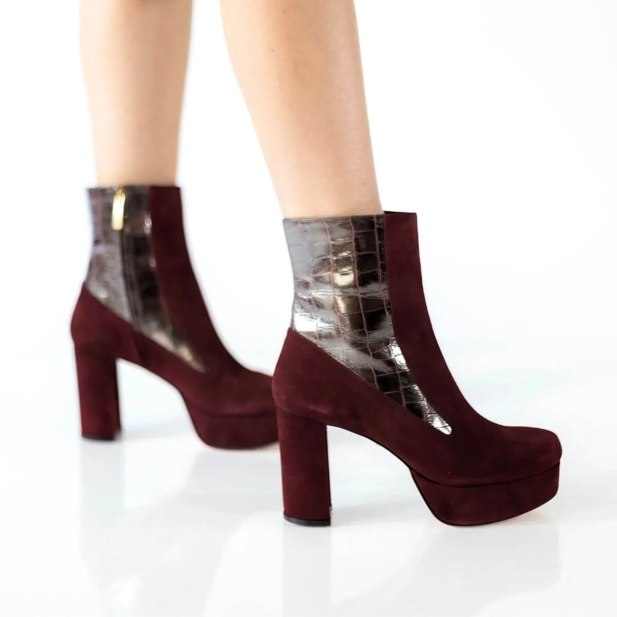 MARILINA 95 - Ante Vino  Zapato Bota Botin Plataforma Tacon Alto Para Dama en Piel