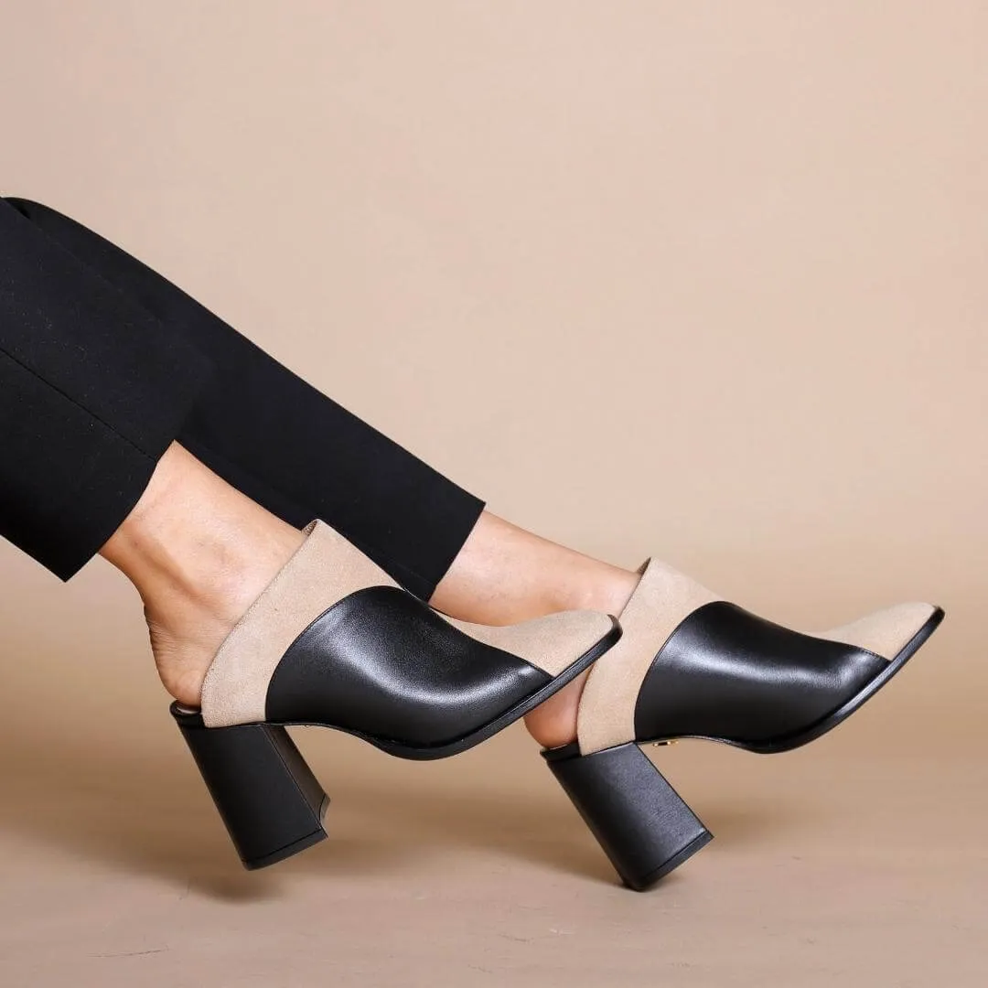 DIDI 75 - Negro y Chai  Zapato Bota Botin Mule Tacon Alto para Dama en Piel