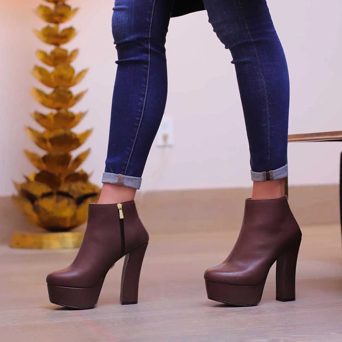 ELSA 135 - Cafe  Zapato Bota Botin Plataforma Tacon Alto para Dama en Piel