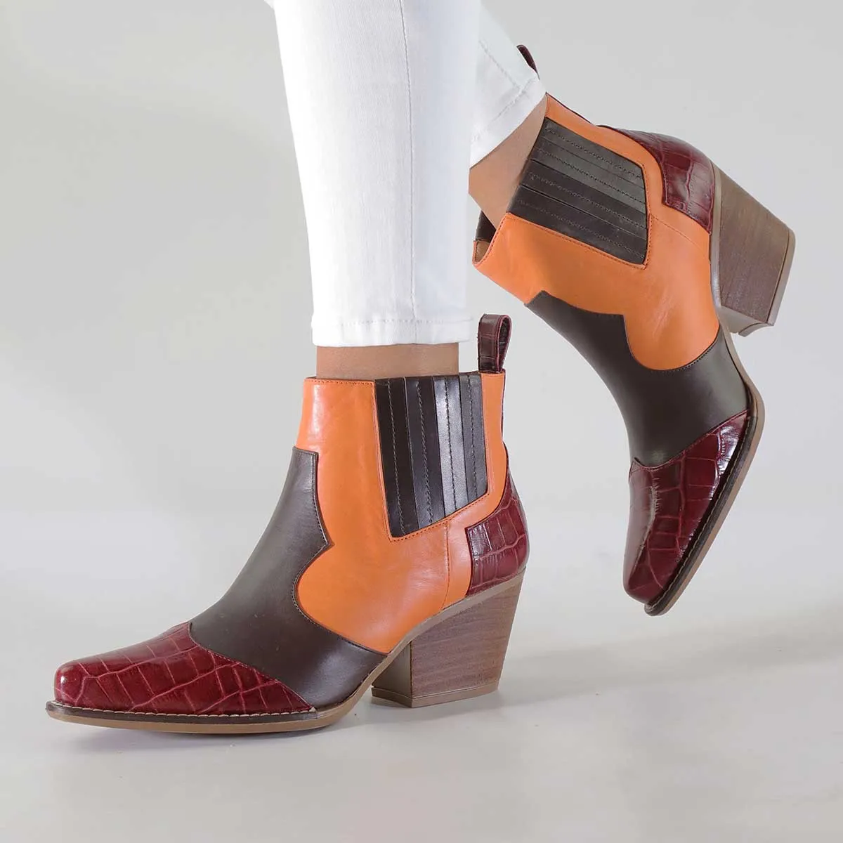 MADDIE 60 Edicion Limitada - Vino Cafe y Terracota  Zapato Bota Botin Tacon Bajo para Dama en Piel