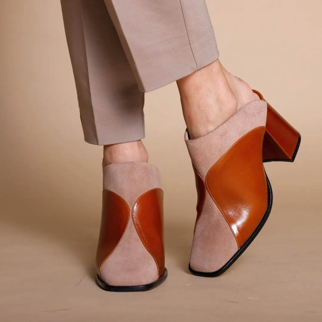 DIDI 75 - Caramelo y Rosa  Zapato Bota Botin Mule Tacon Alto para Dama en Piel