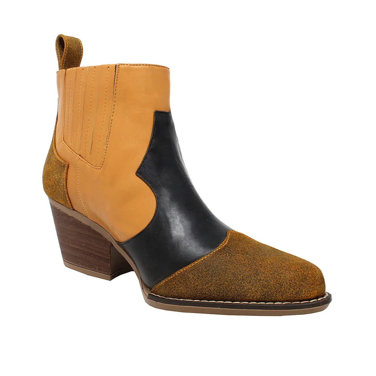 MADDIE 60 Edicion Limitada - Negro y Miel  Zapato Bota Botin Tacon Bajo para Dama en Piel