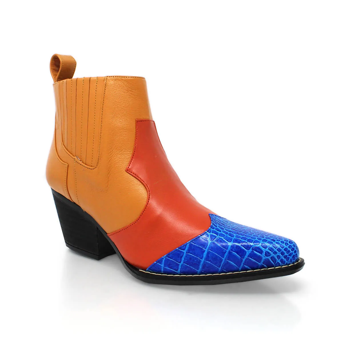 MADDIE 60 Edicion Limitada - Naranja y Azul Romero Zapato Bota Botin Tacon Bajo para Dama en Piel