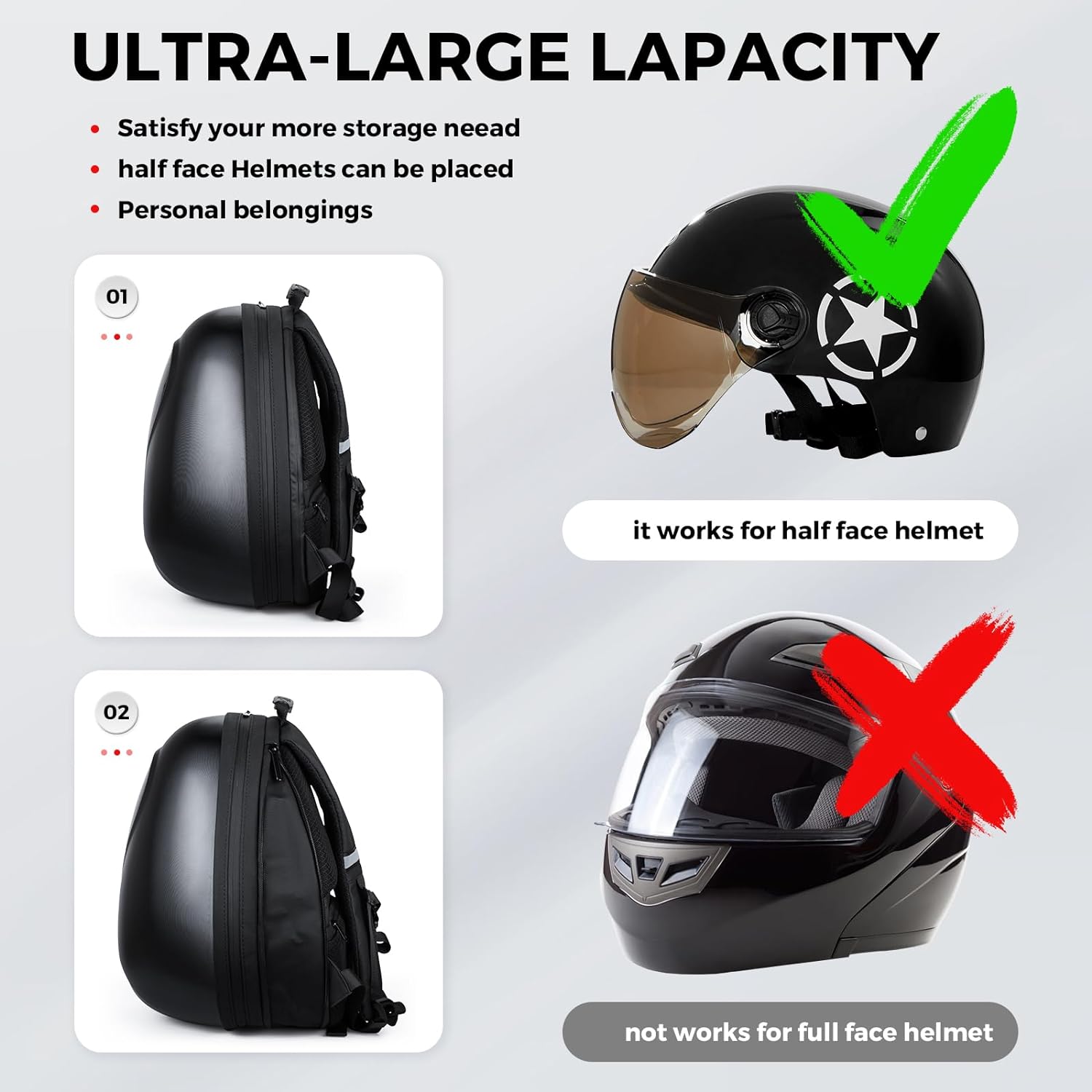 Gelrova Mochila LED para casco de ciclismo, mochila rígida para montar en casco de bicicleta, paquete de moto para motocicleta de media cara, casco Sea Heart 17 pulgadas