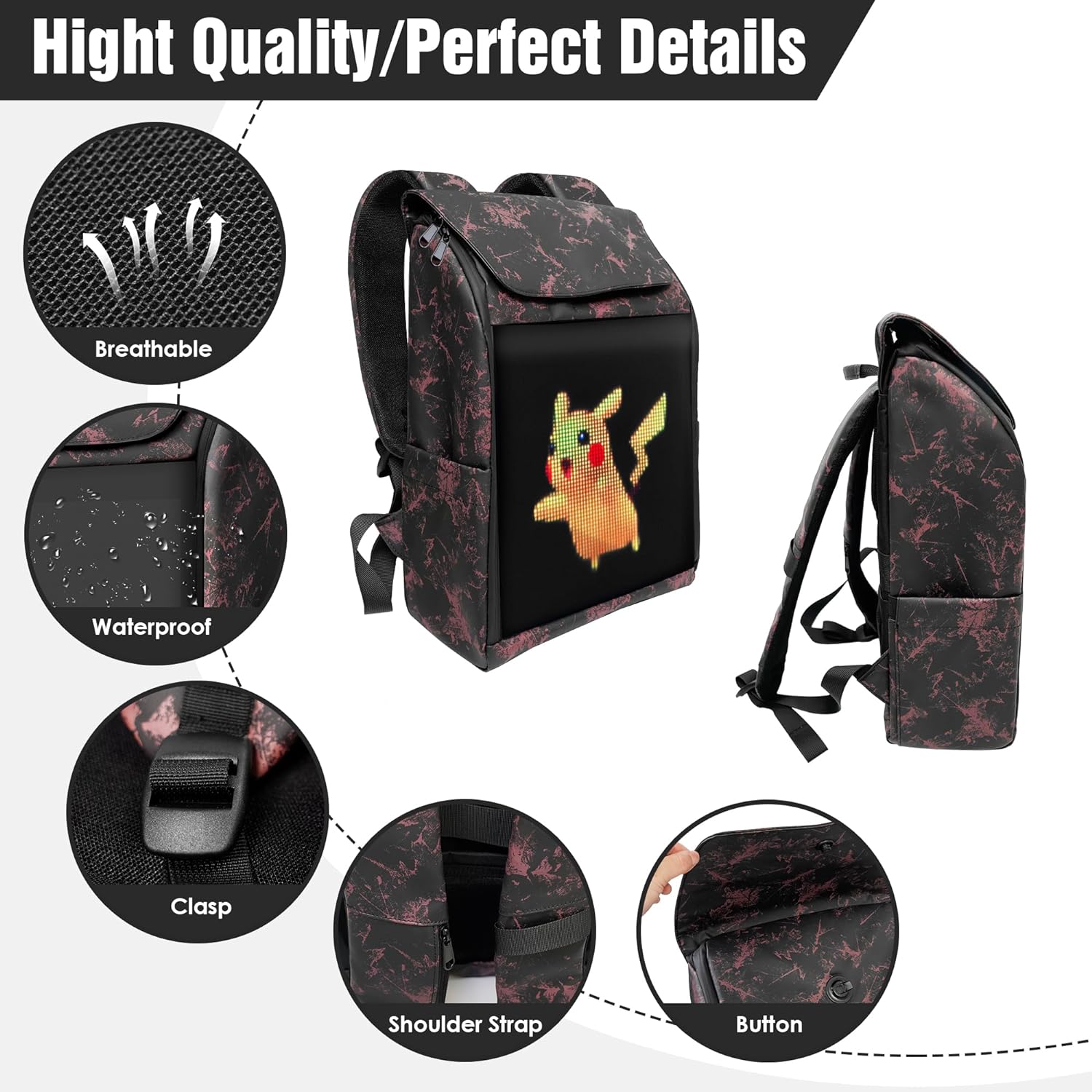 RODANNY Mochila LED, mochila impermeable para motocicleta, pantalla diseñable, regalo de cumpleaños para hombres, mochila para laptop de 15.6 pulgadas, Gris, Mochilas de viaje