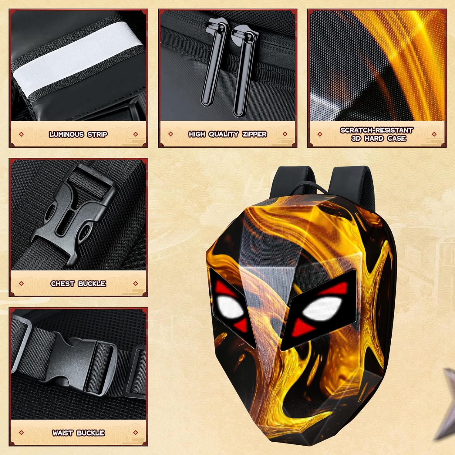 Gelrova Flaming Knight LED Backpack, Hard Shell Riding Backpack for Helmet and Baskettball, DIY Motorbike Laptop Bag, Large Size 19inch, Golden Fire