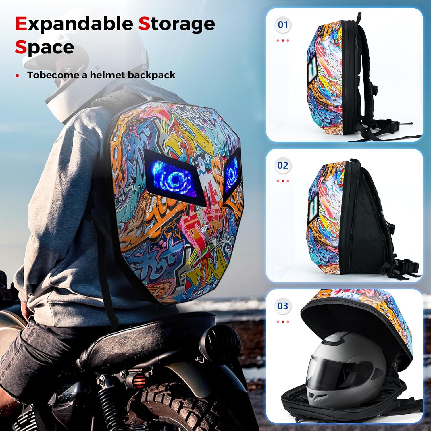 Gelrova Knight Eyes Mochila LED para motocicleta, mochila para montar en motocicleta, bolsa para ordenador portátil, tamaño grande 19 pulgadas, Graffiti