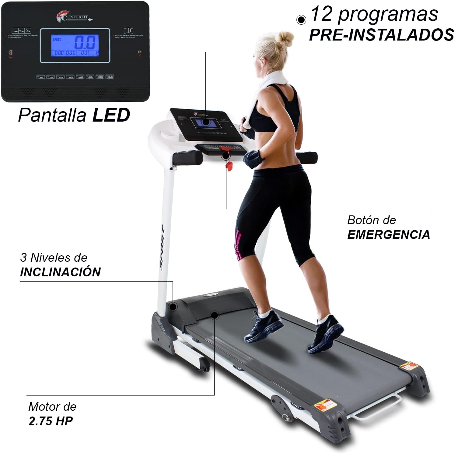 CENTURFIT Caminadora Electrica 2.1 HP Inclinacion Manual Bluetooth App 12 Programas Pantalla Led Caminadora Plegable Treadmill Corredora Electrica Velocidad 1 a 14.8 km/h