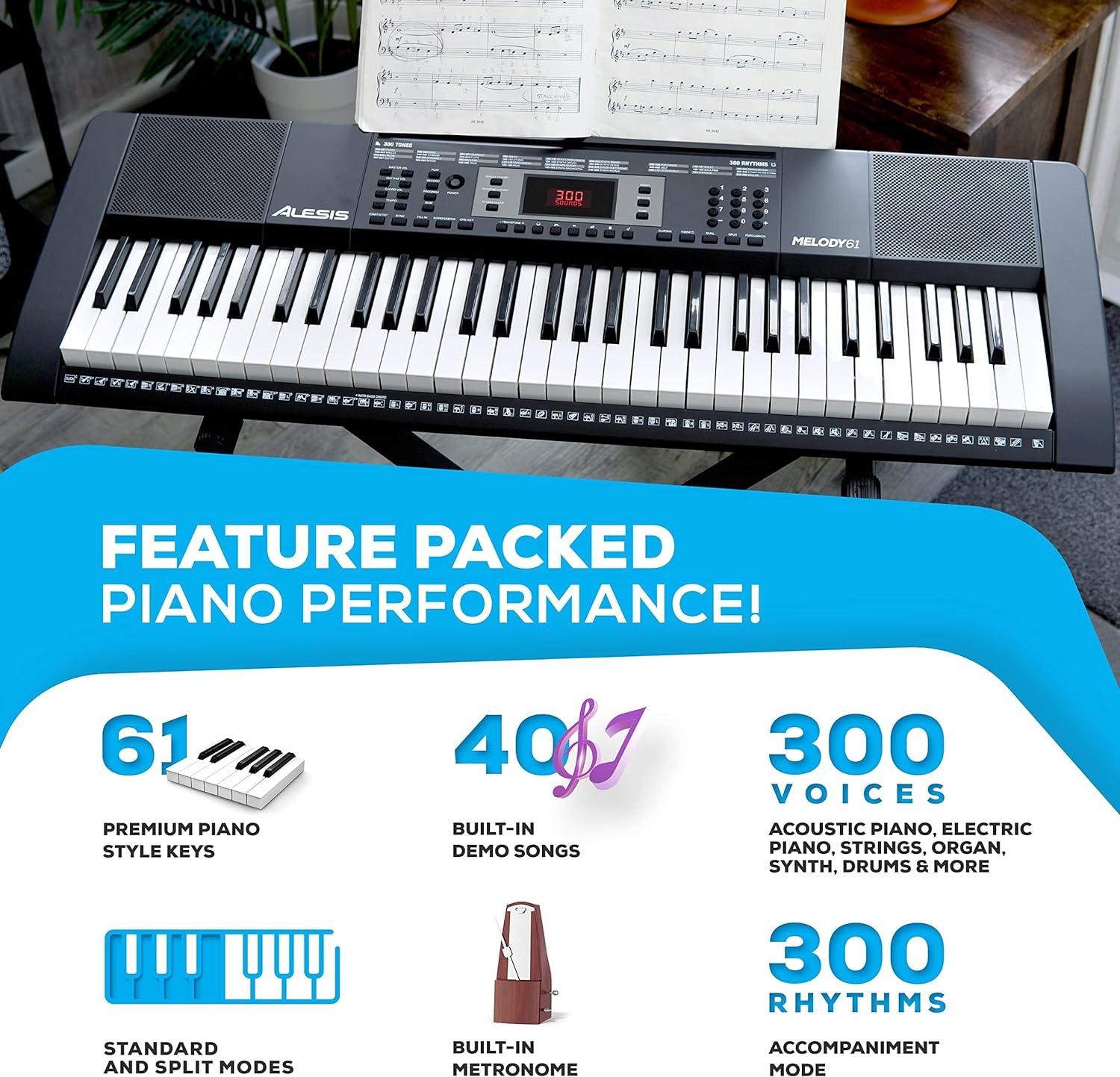 Alesis Melody 61 - Piano eléctrico con 61 teclas, Teclado Musical con altavoces, audífonos, micrófono, soporte para piano, atril y taburete