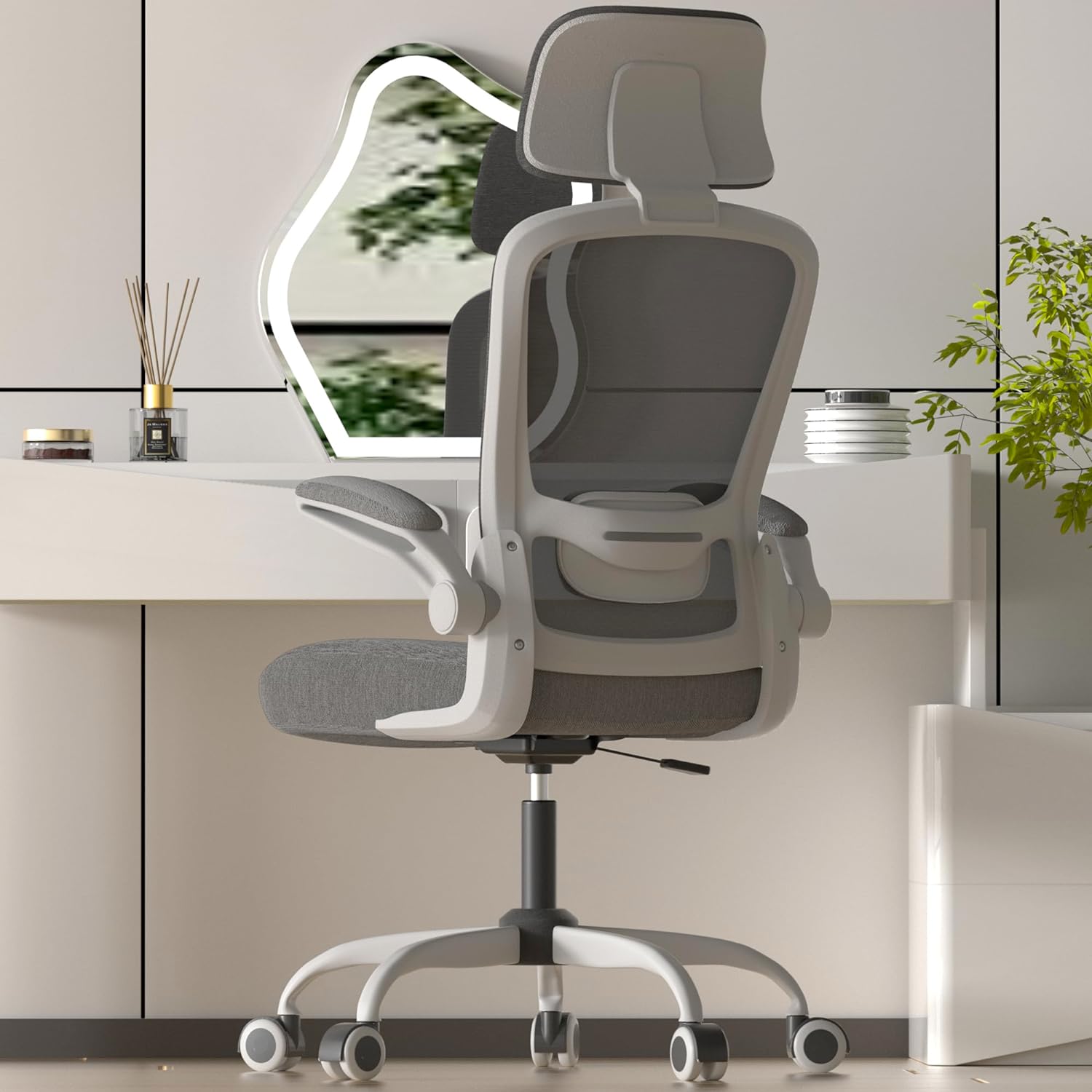 Mimoglad Silla de Oficina, Silla de computadora ergonómica de Respaldo Alto con Soporte Lumbar Ajustable y reposacabezas, Silla de Trabajo giratoria (Moderno, Beige)