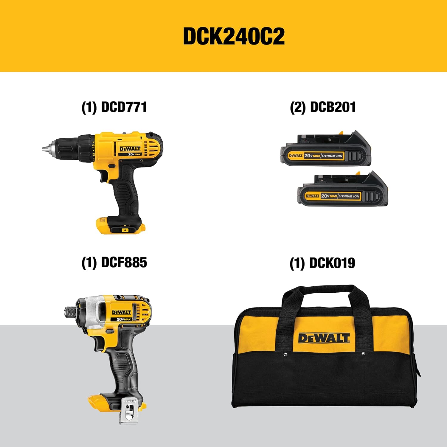 DEWALT Kit Taladro Atornillador y Llave de Impacto Inalámbrico 20V MAX* DCK240C2 + DEWALT Juego de 21 Brocas de Titanio PP DW1361