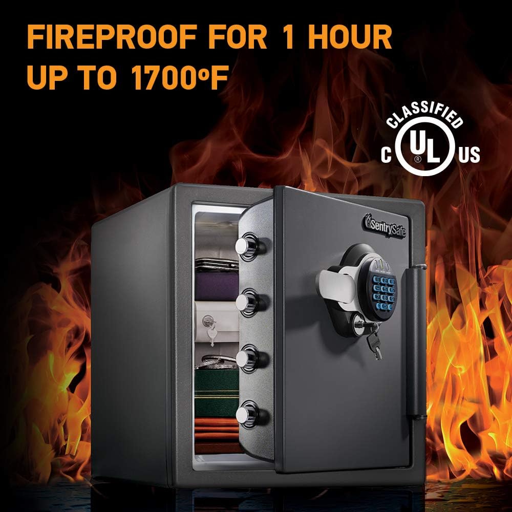 SentrySafe Caja fuerte a prueba de fuego y agua con teclado digital. Color gris, 1.23 pies cúbicos Exterior: 45.21 cm de alto x 41.4cm de ancho x 49.02cm de largo.