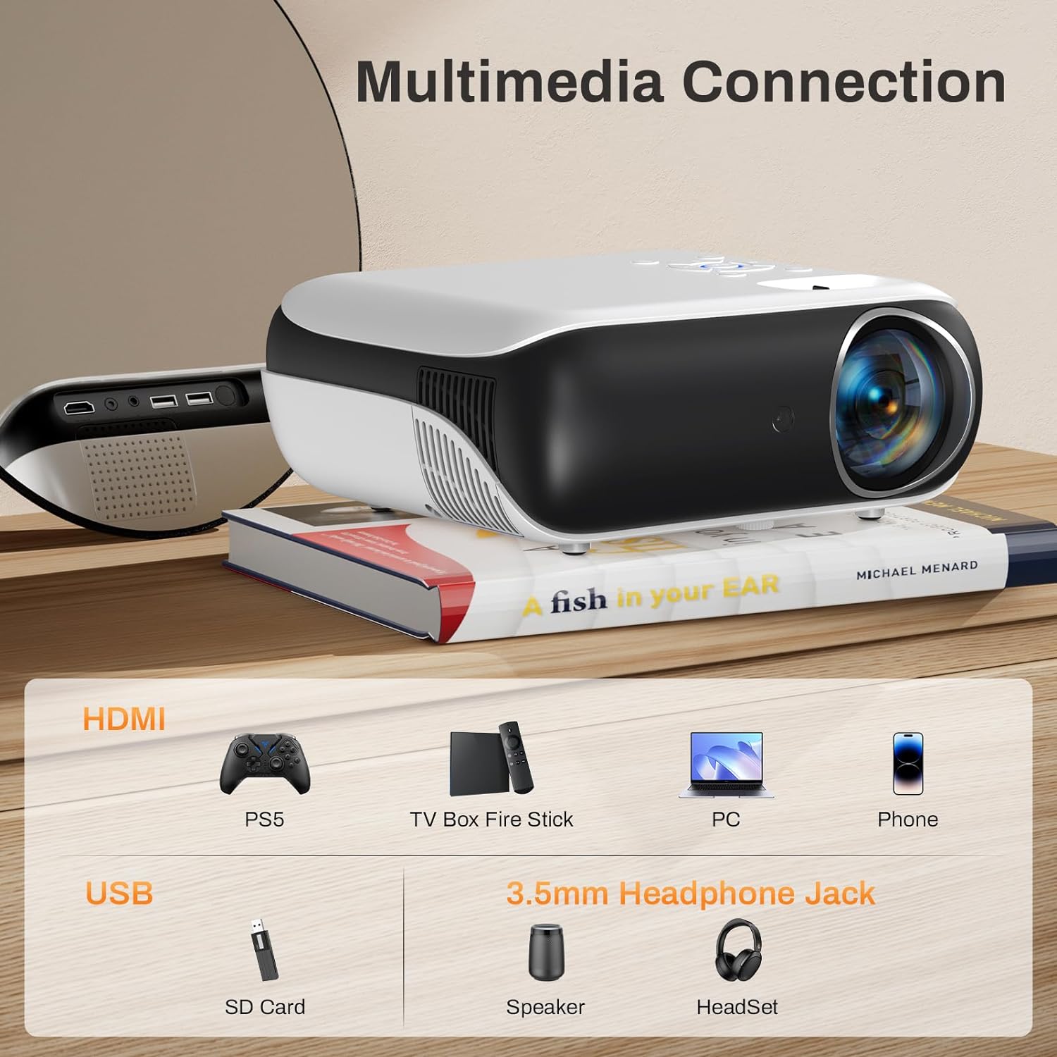 HAPPRUN Proyector, Proyector con WiFi y Bluetooth, [One Step Mirroring] Proyector para Teléfonos, 12000L Nativo 1080P Proyector Portátil con Pantalla, Proyector de Cine al Aire Libre
