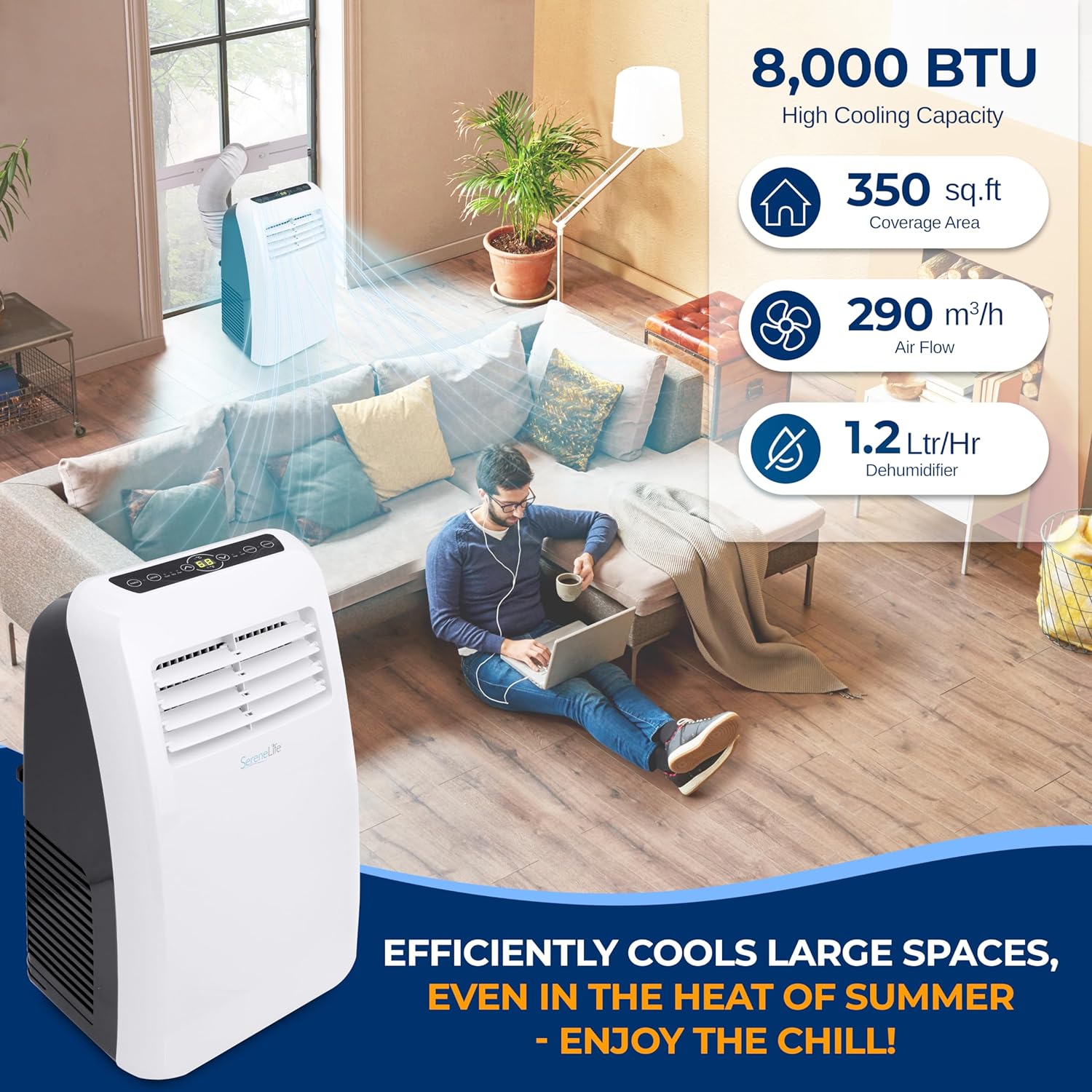 SereneLife - Unidad de aire acondicionado eléctrica portátil, enchufe de 900 W y 8000 BTU, sistema de aire acondicionado para habitaciones interiores frías con enfriador, deshumidificador