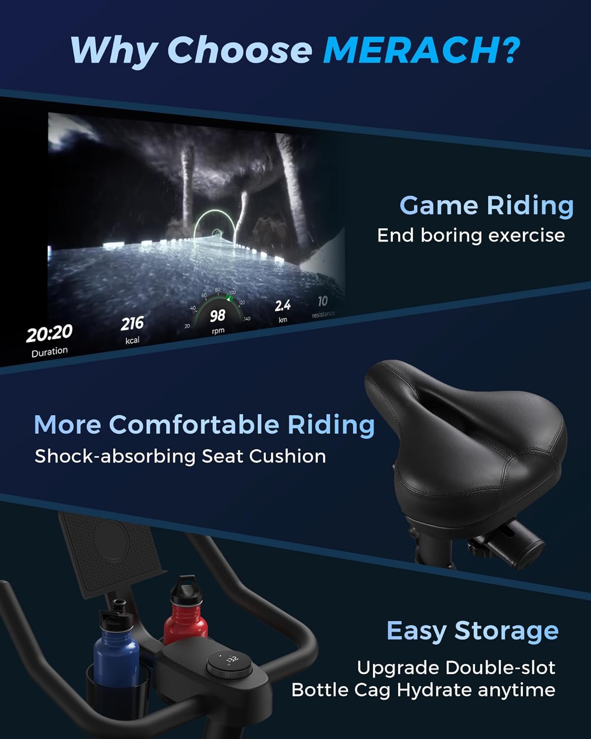 MERACH - Bicicleta de ejercicio, almohadilla de freno/bicicleta estática magnética con aplicación exclusiva, bicicleta de ciclismo interior de bajo ruido con capacidad de peso de 270 libras, estante