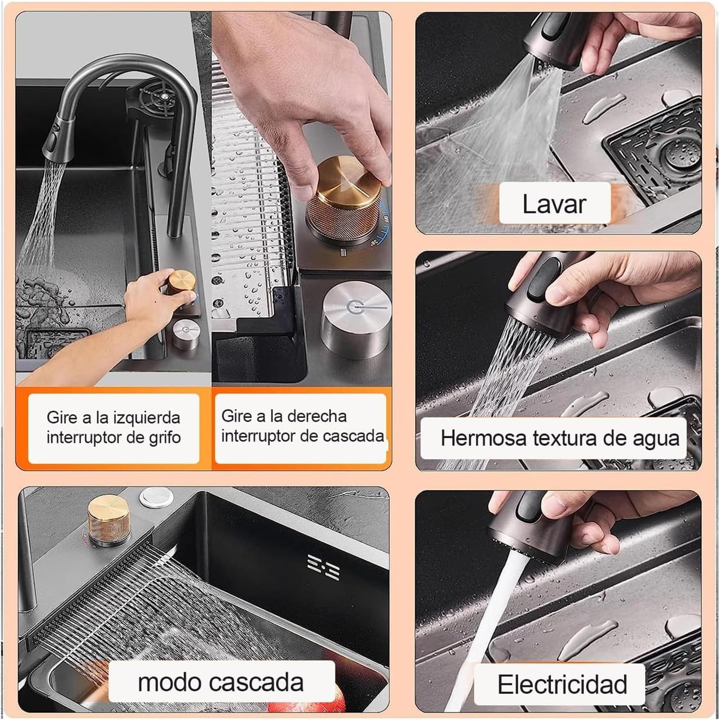 LETTURE Fregadero de Cocina, Fregadero de Acero Inoxidable Nano Cascada, con Grifo Extraible Fregaderos Grandes de un Tazón, Colador de Drenaje y Accesorios para Cocina, Bar, Comedor (80X45)