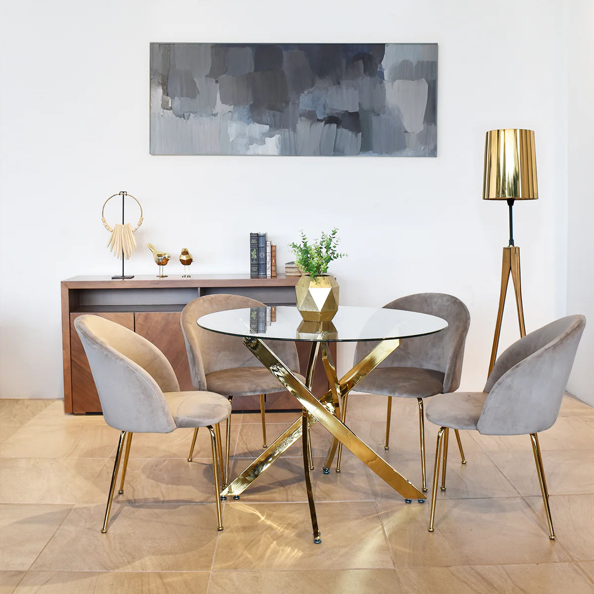 Comedor Denver - 4 Sillas Denver - Terciopelo Gris