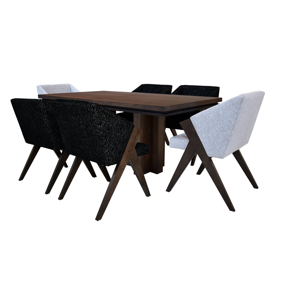 Comedor Santorini - 6 sillas - Nogal (4 sillas Snow Black, 2 Sillas Snow White)