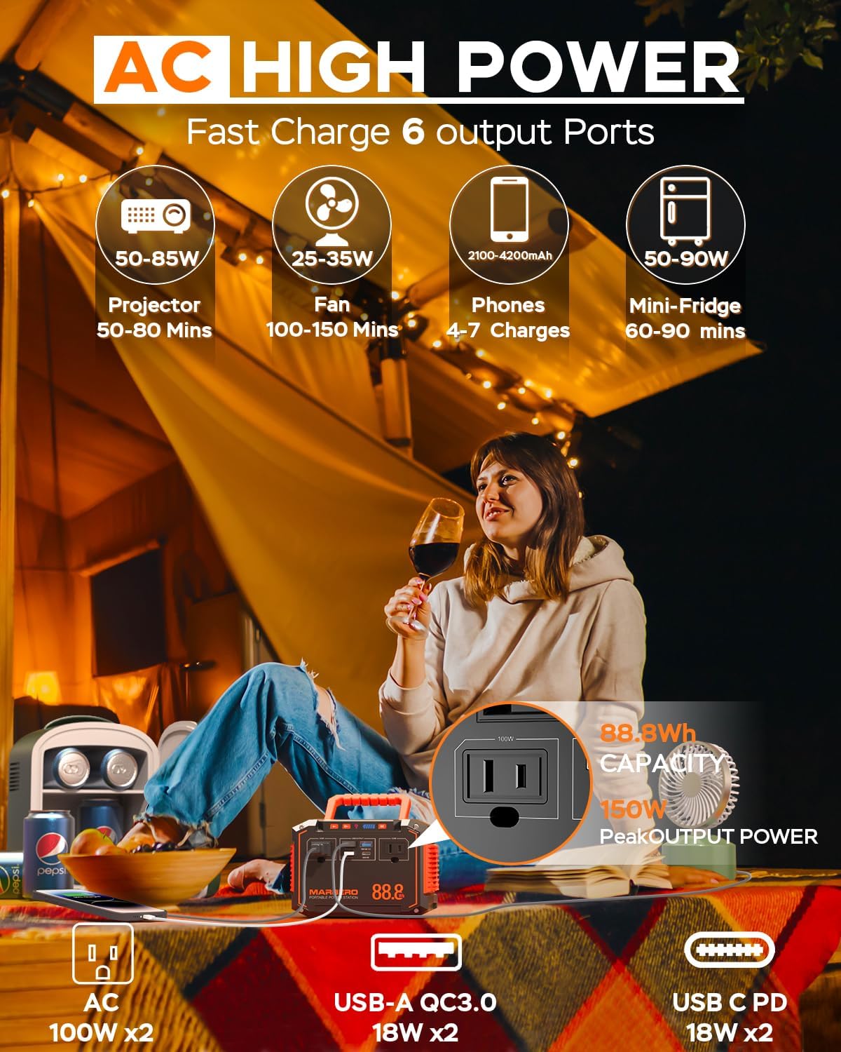 MARBERO Generador solar de pico de 150 W con panel solar de 30 W 88.8 Wh estación de energía portátil de 110 V banco de energía con salida de CA (2 USB A, 2 USB C, 2 CA) para viajes al aire última