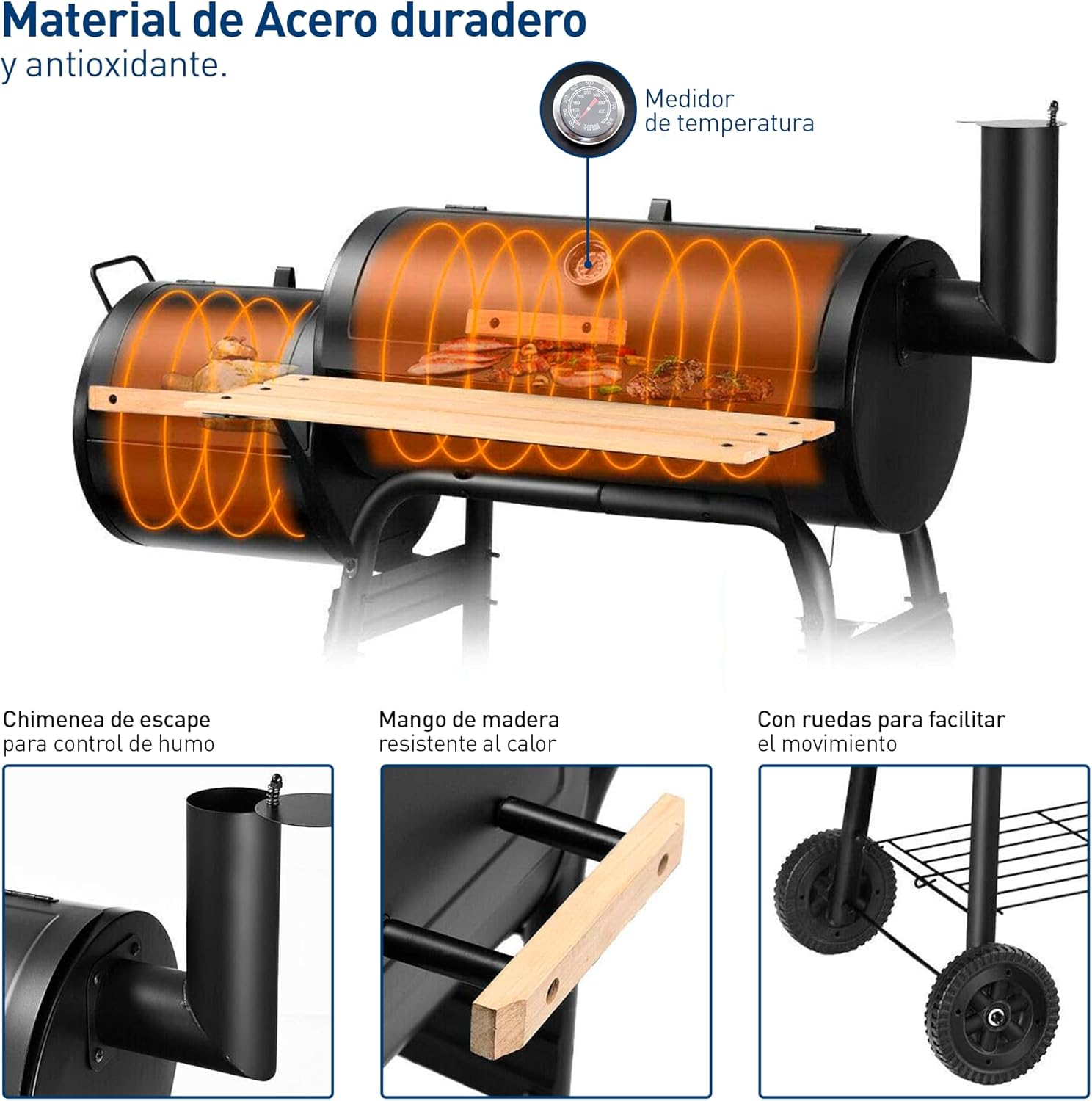 Bluelander Asador, Asador para Carbón Premium, 113 cm * 110 cm * 53 cm, Tipo Barril con Llantas Transportadoras, Contenedor para Carbón, Termómetro, Portátil de Acero Inoxidable, Fácil de Limpiar