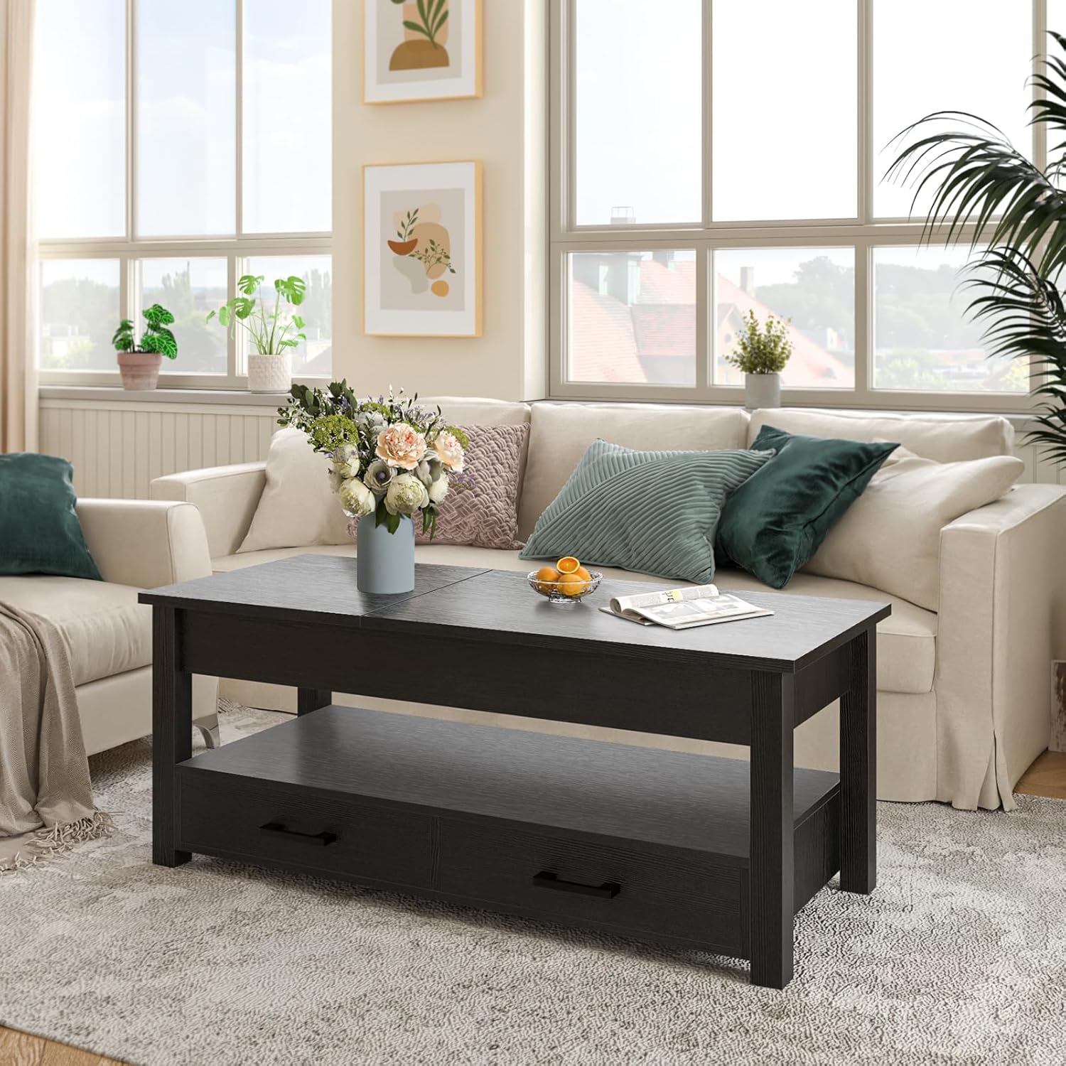 FABATO Mesa de Centro para Sala - De Madera con Doble Elevación - 2 cajones de Almacenamiento - Varilla de Estrés - Ideal como Mesa para Cafe o Mesa Auxiliar (Negro)