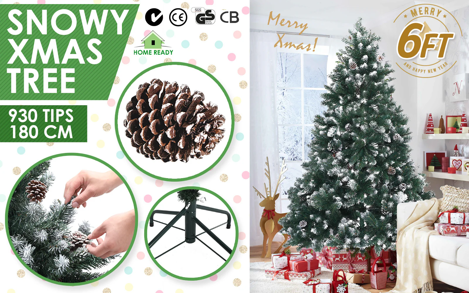 Snowy Christmas Tree Xmas Pine Cones 6Ft 180cm 930 tips GREEN