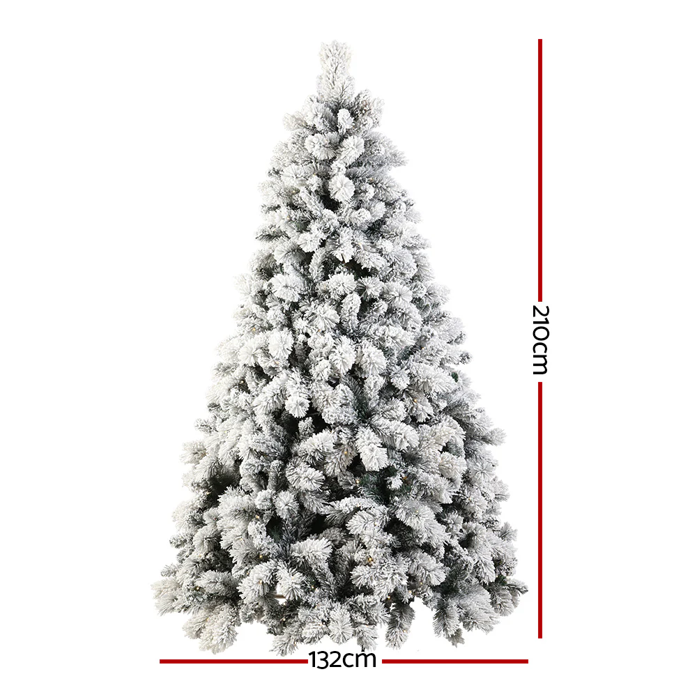 Jingle Jollys Snowy Christmas Tree 2.1M 7FT LED Lights Xmas Decorations Warm White