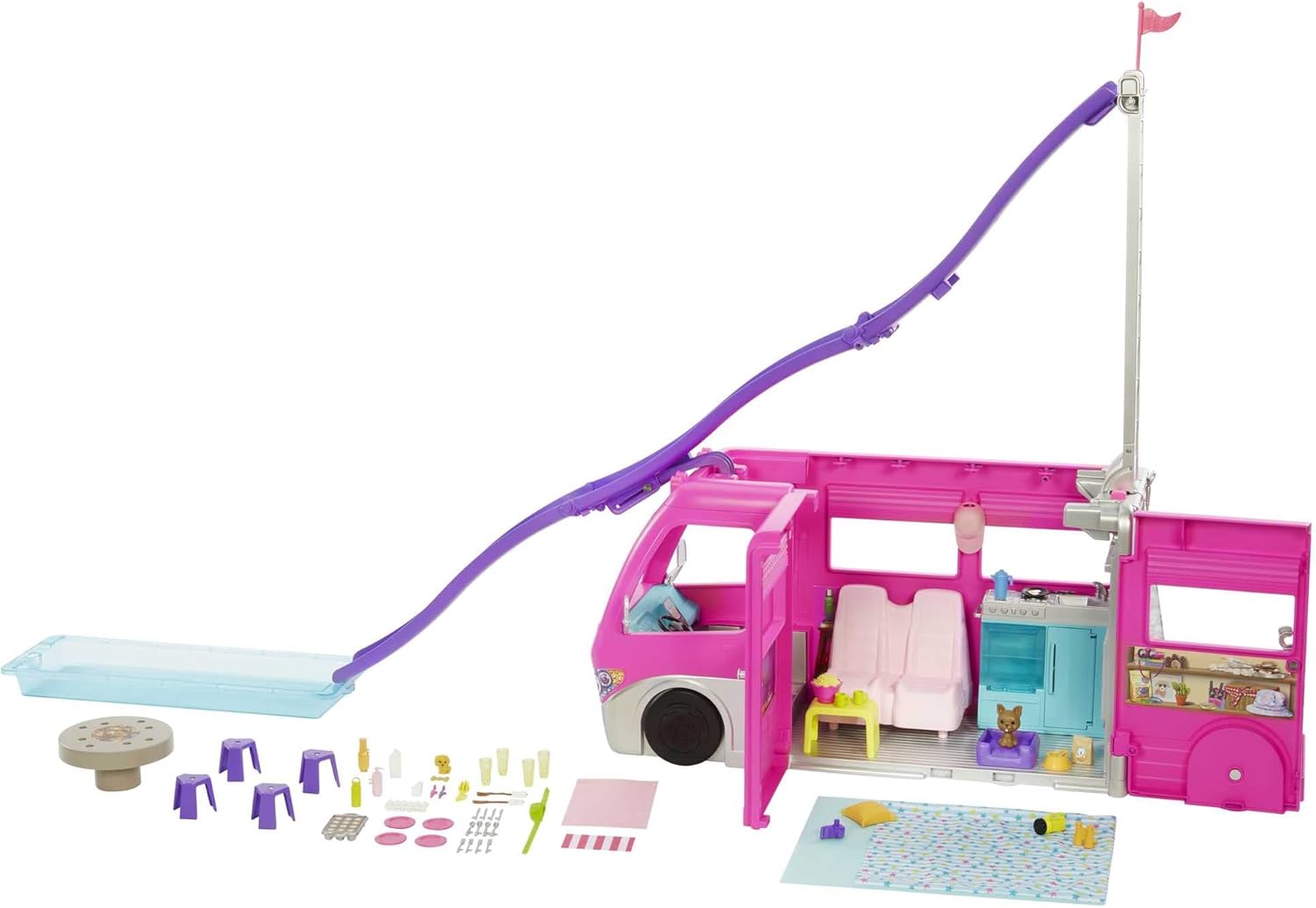 Barbie, Set de Juego, Cámper de los Sueños con 7 Áreas, 1 Tobogán y más de 60 Accesorios, Juguetes para Niñas, Edad 3 Años en Adelante, Viaja de Campamento