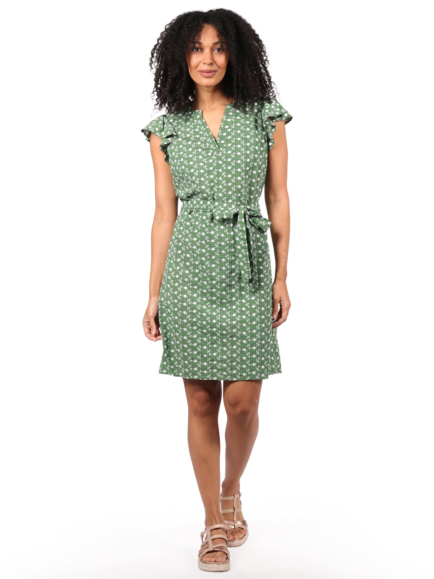 Vestido Cuello Redondo, Manga Olán, Amarre en la Cintura, Estampado