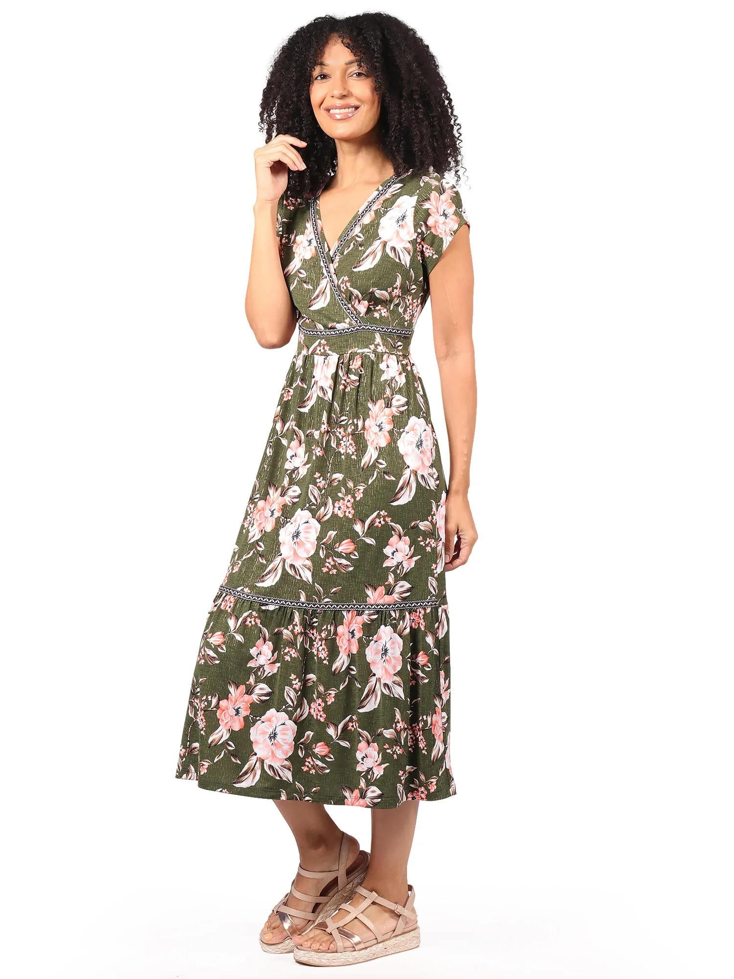 Vestido Largo, Cuello Cruzado, Manga Corta,Estampado