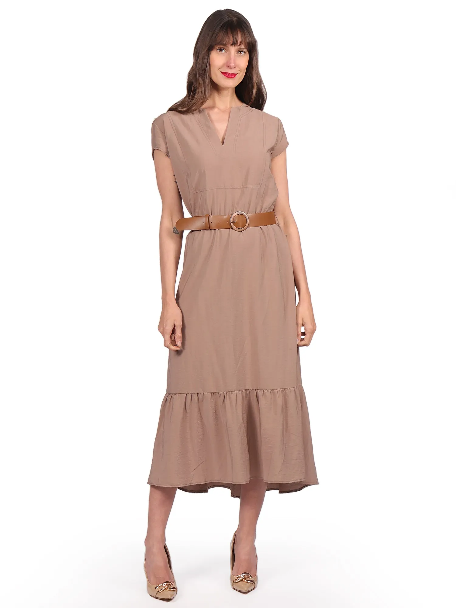 Vestido Largo, Cuello en V, Manga Corta, con Cinturon, Liso