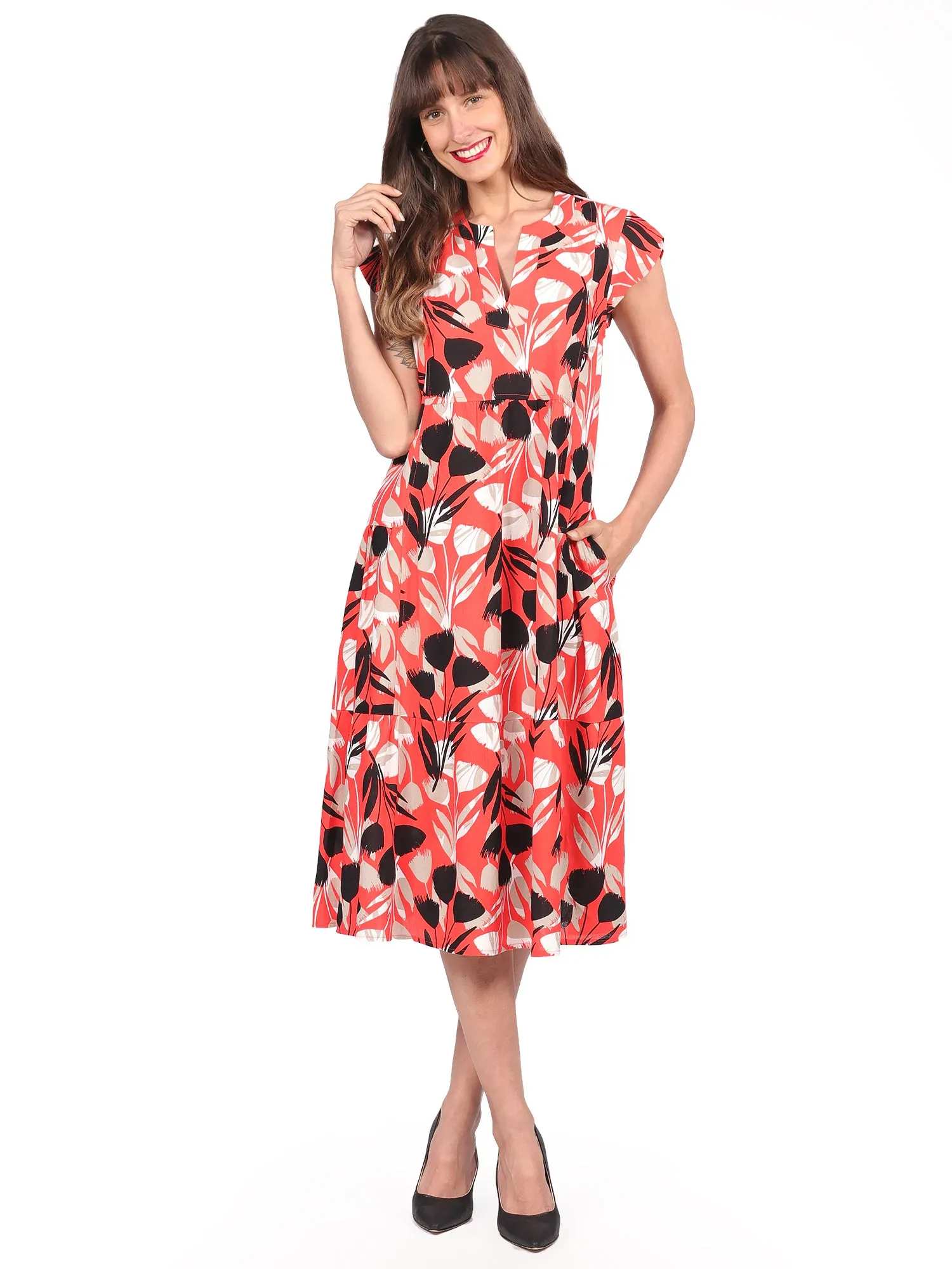 Vestido Cuello V, Manga Corta, Estampado