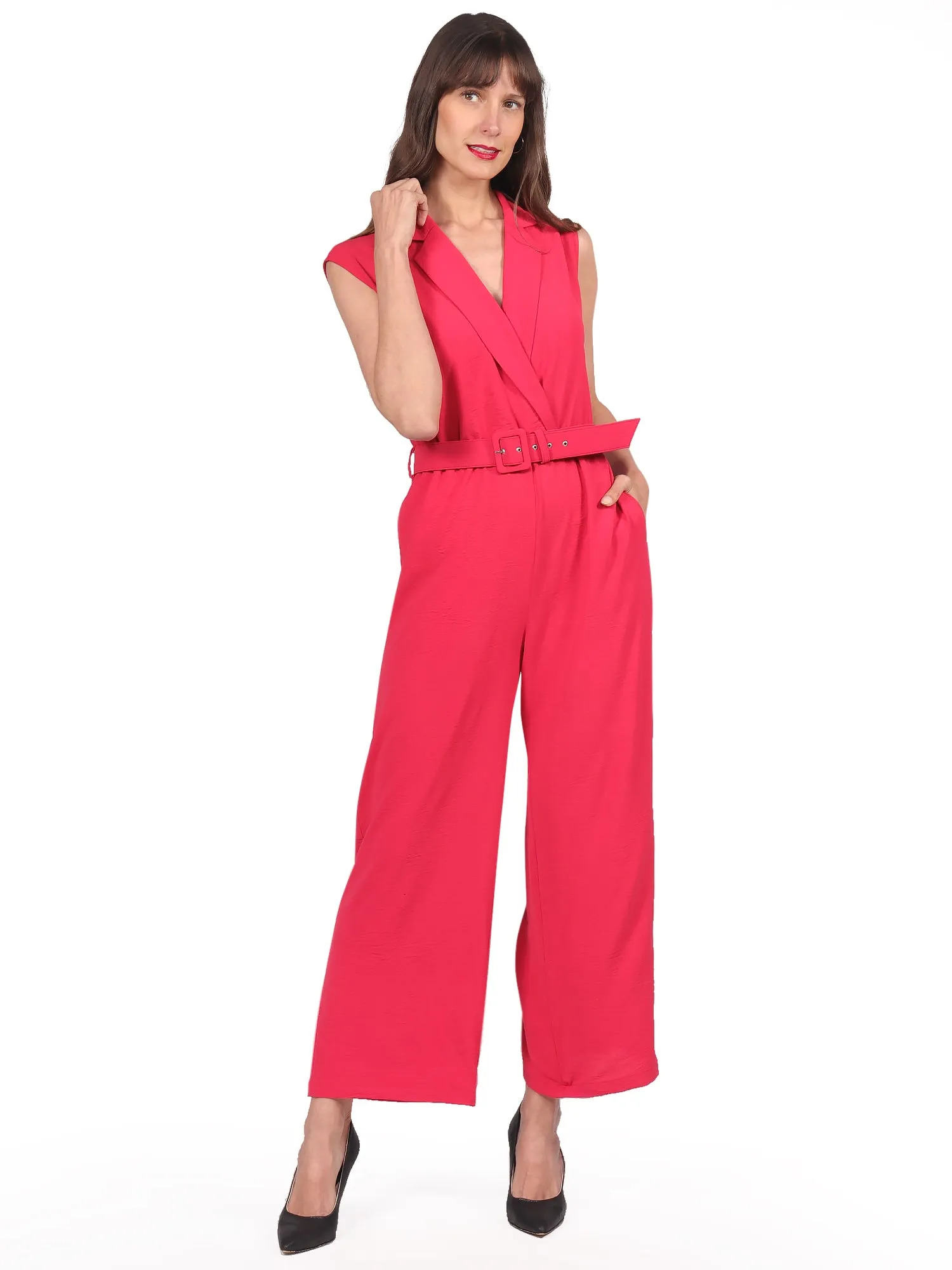 Jumpsuit, Cuello Camisero,  Cinturon, Sin Manga, Liso