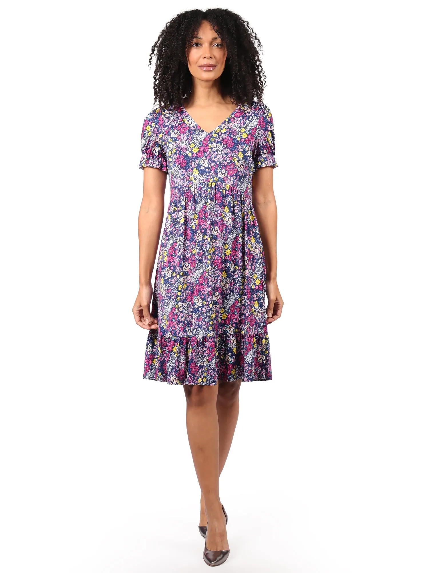 Vestido Cuello V, Manga Corta, Estampado