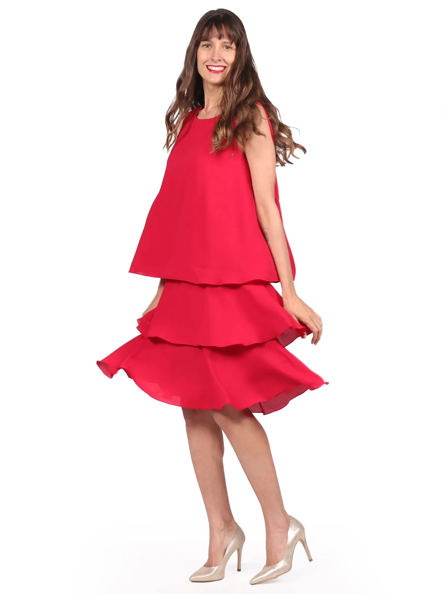 Vestido Cuello Redondo, Sin Manga,Con Olán, Liso