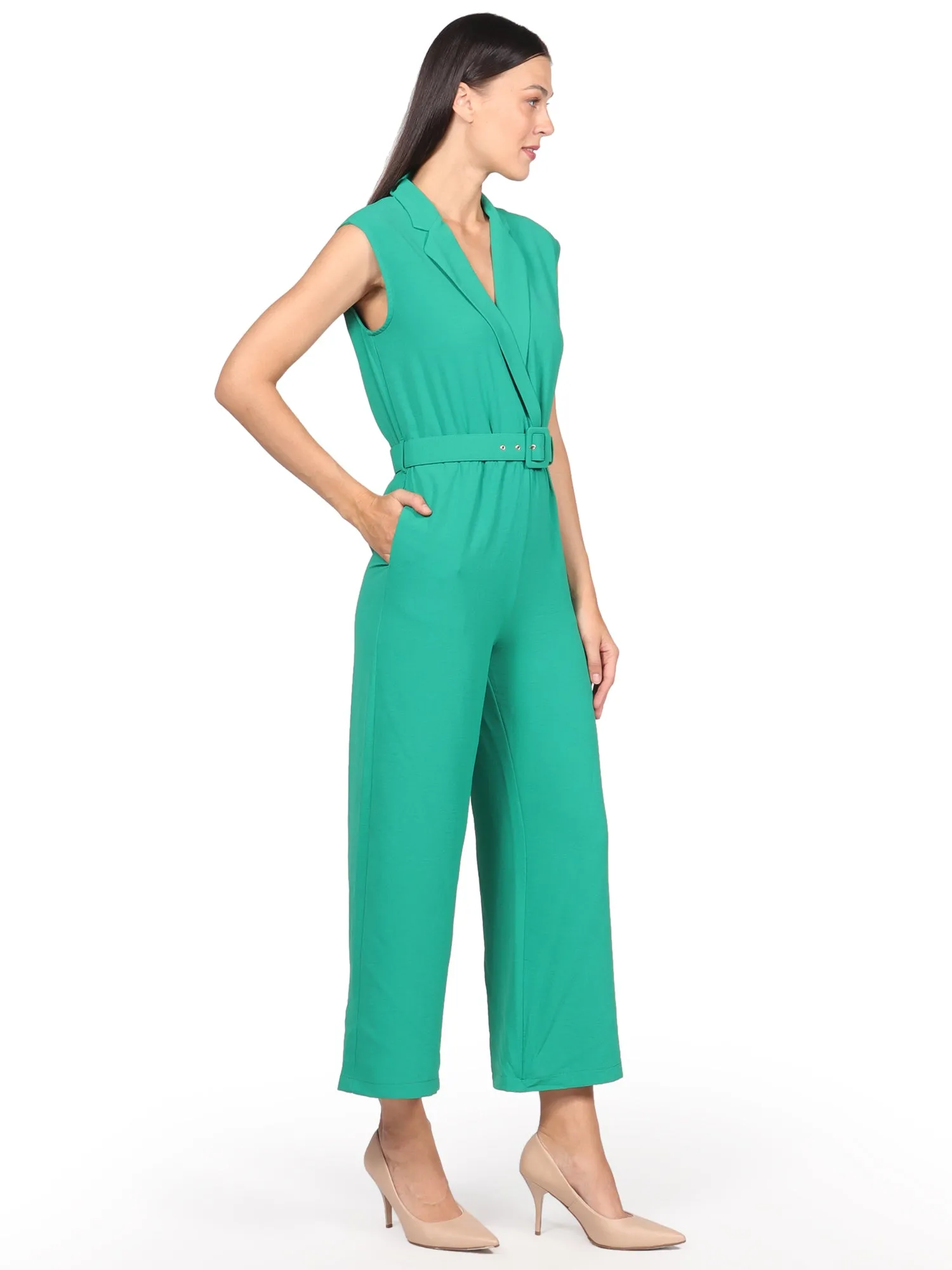Jumpsuit, Cuello Camisero,  Cinturon, Sin Manga, Liso