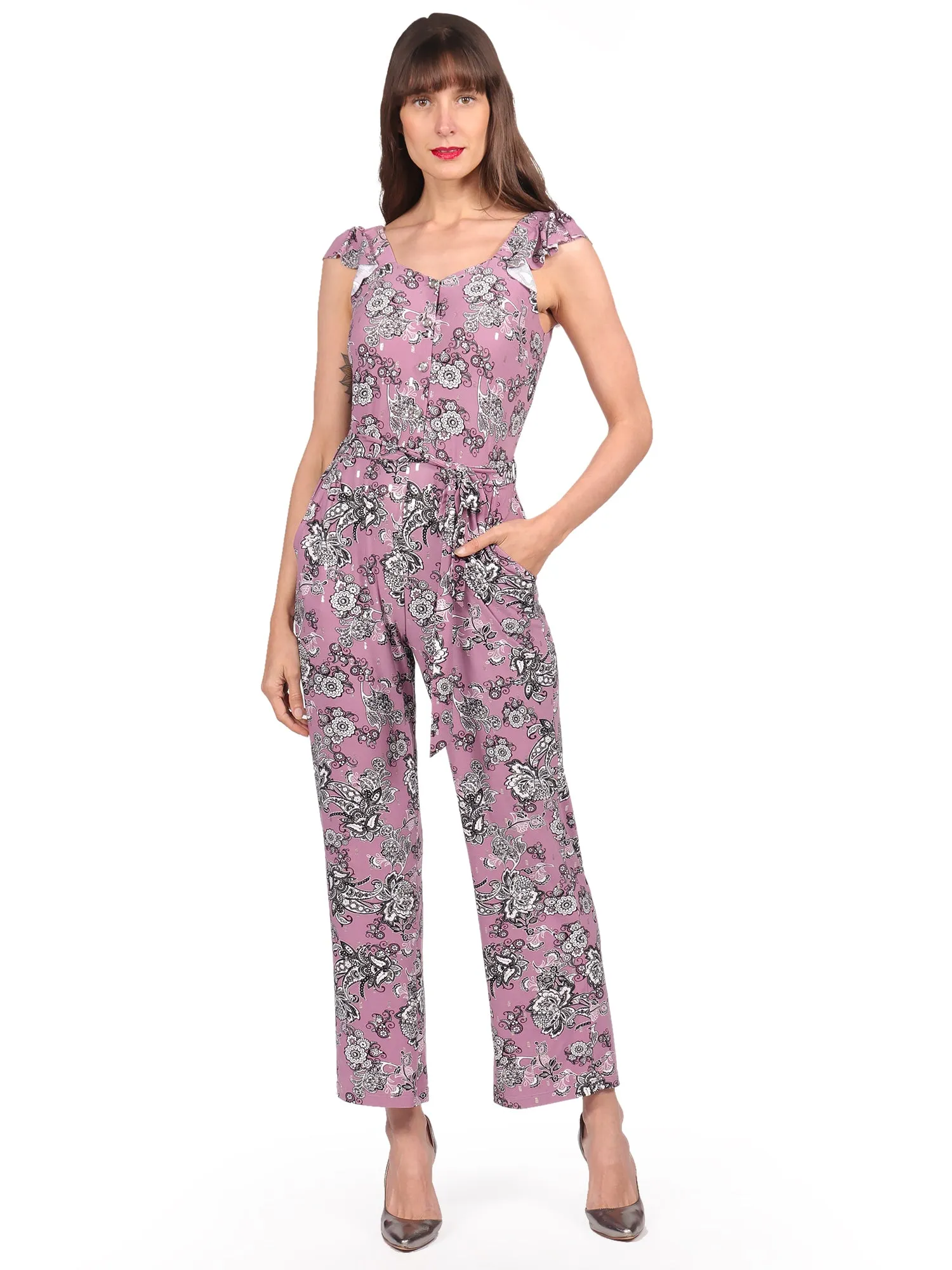Jumpsuit, Cuello Redondo, Amarre en la Cintura, Manga Olán, Estampado