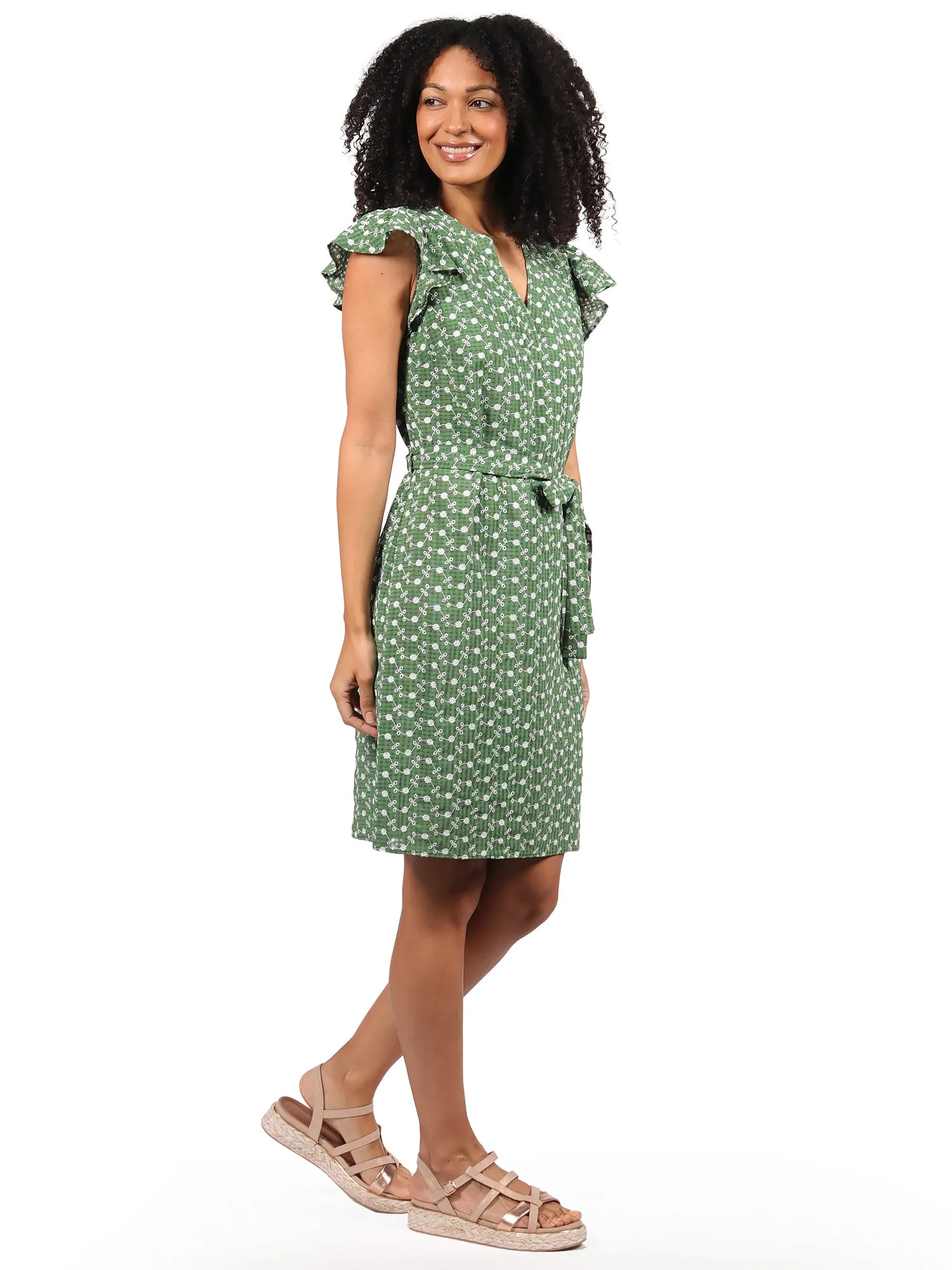 Vestido Cuello Redondo, Manga Olán, Amarre en la Cintura, Estampado