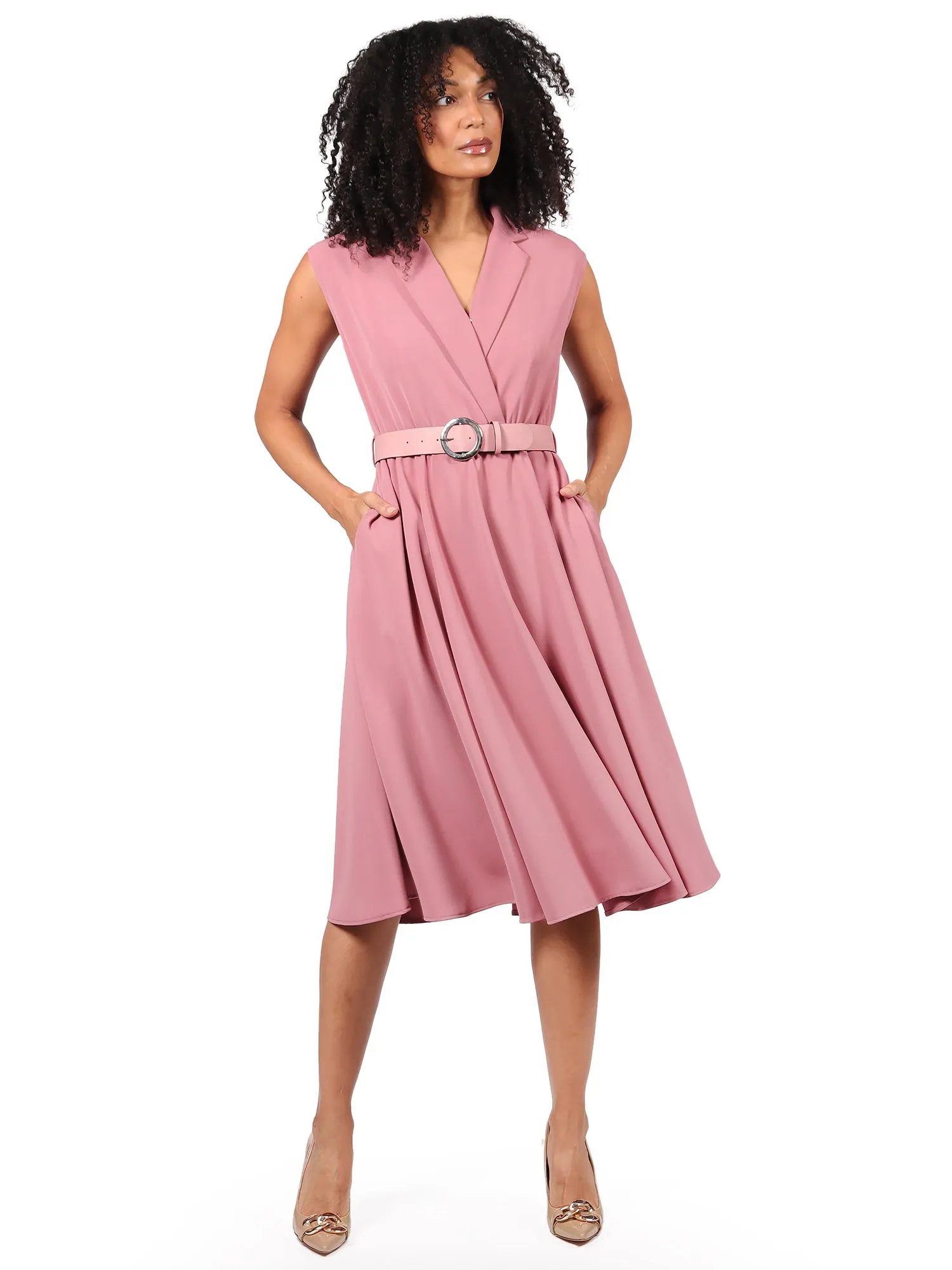 Vestido, Cuello en V, Sin Manga , Liso, Con Cinturon
