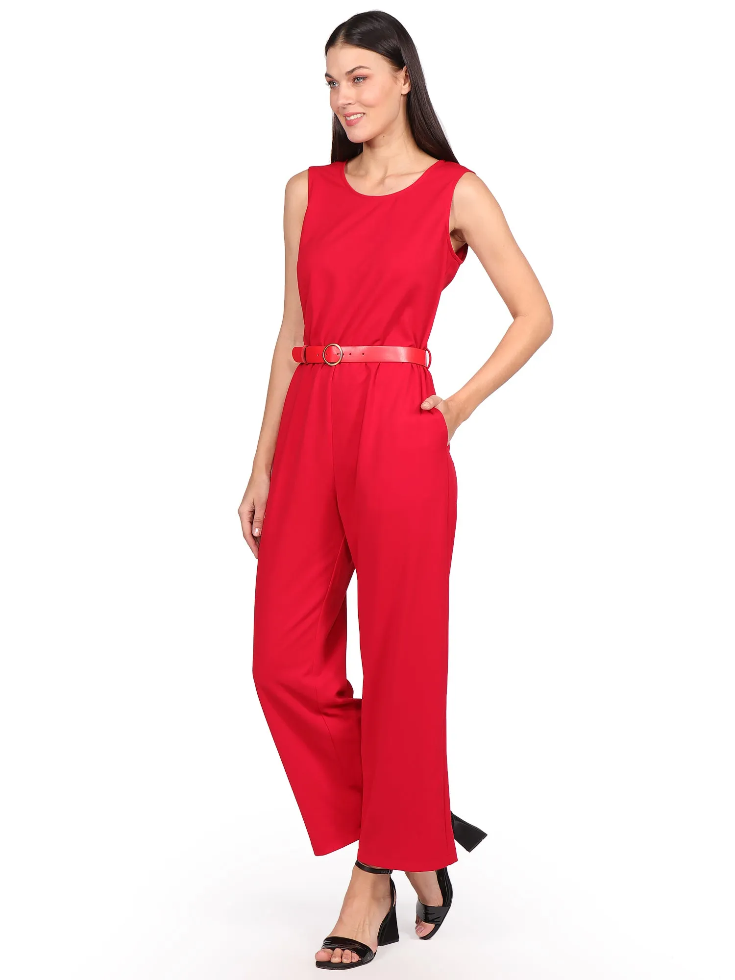 Jumpsuit, Cuello Redondo,  Cinturón, Sin Manga, Liso