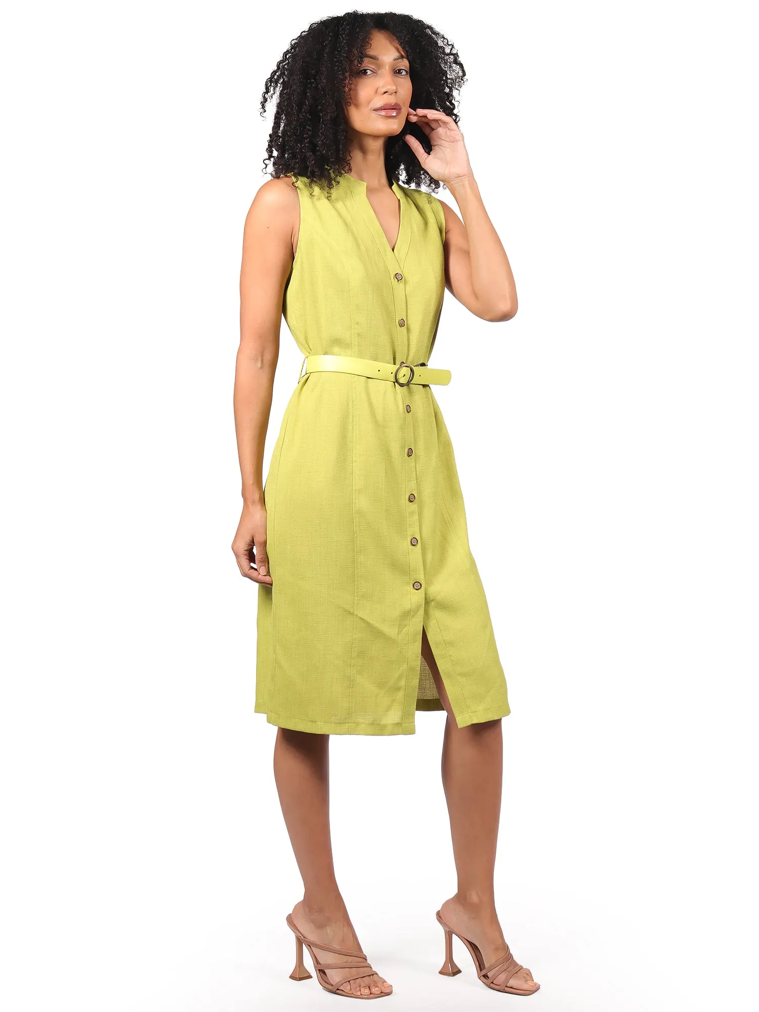 Vestido Recto, Cuello Redondo, Sin Manga, con Cinturon, Liso