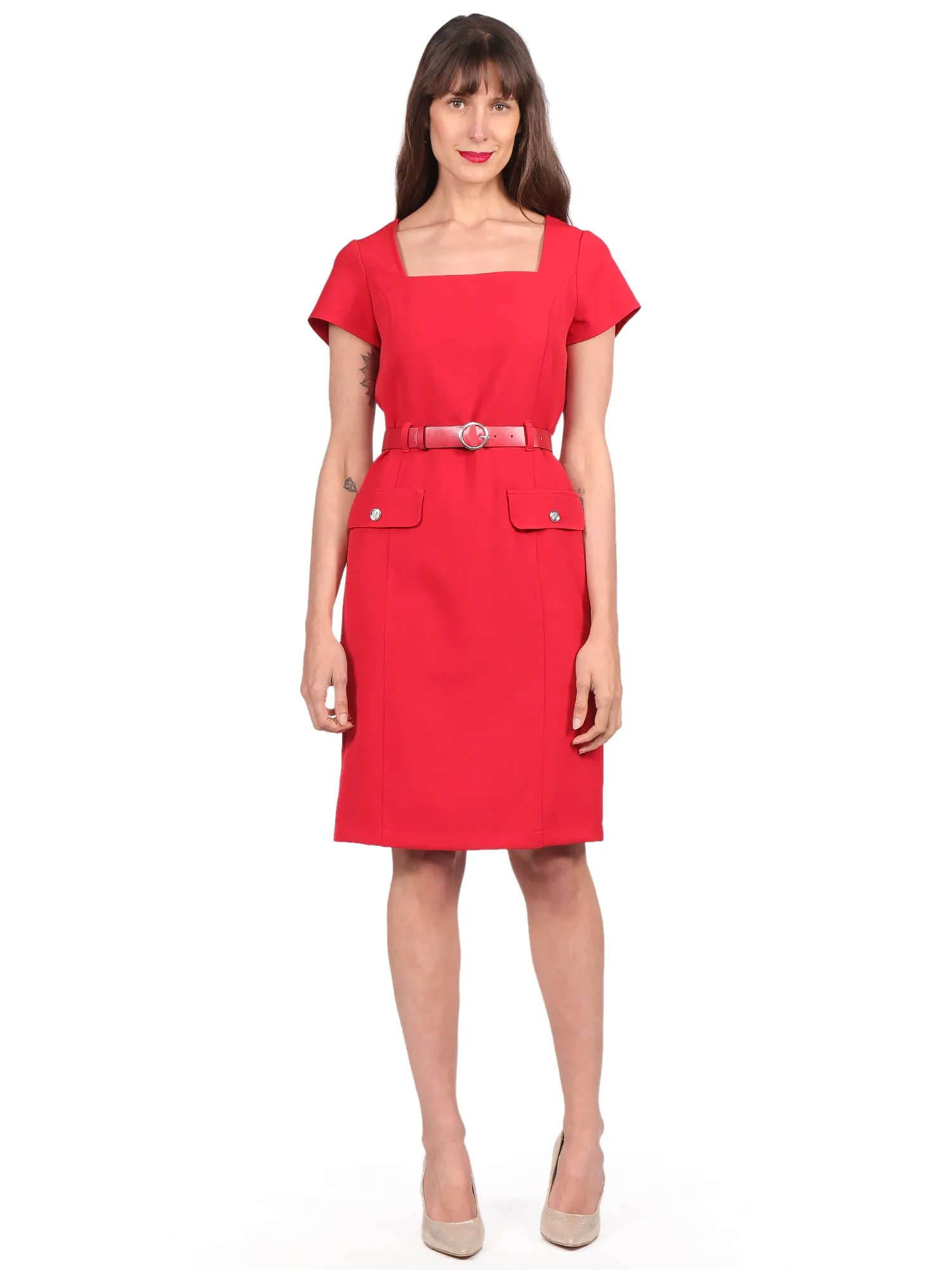 Vestido, Cuello Redondo, Manga Corta, con Cinturon, Liso