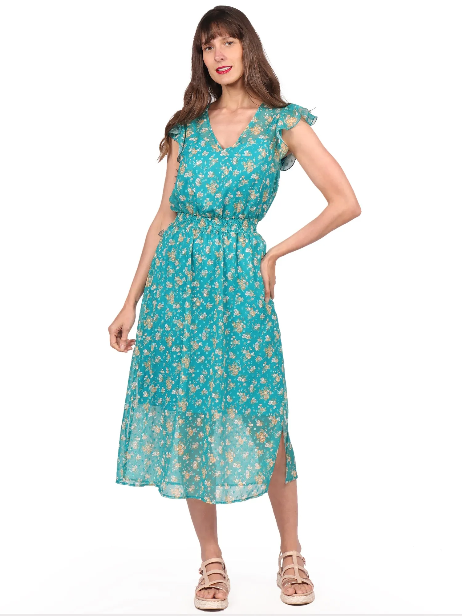 Vestido , Cuello V, Cruzado, Manga Olán, Estampado