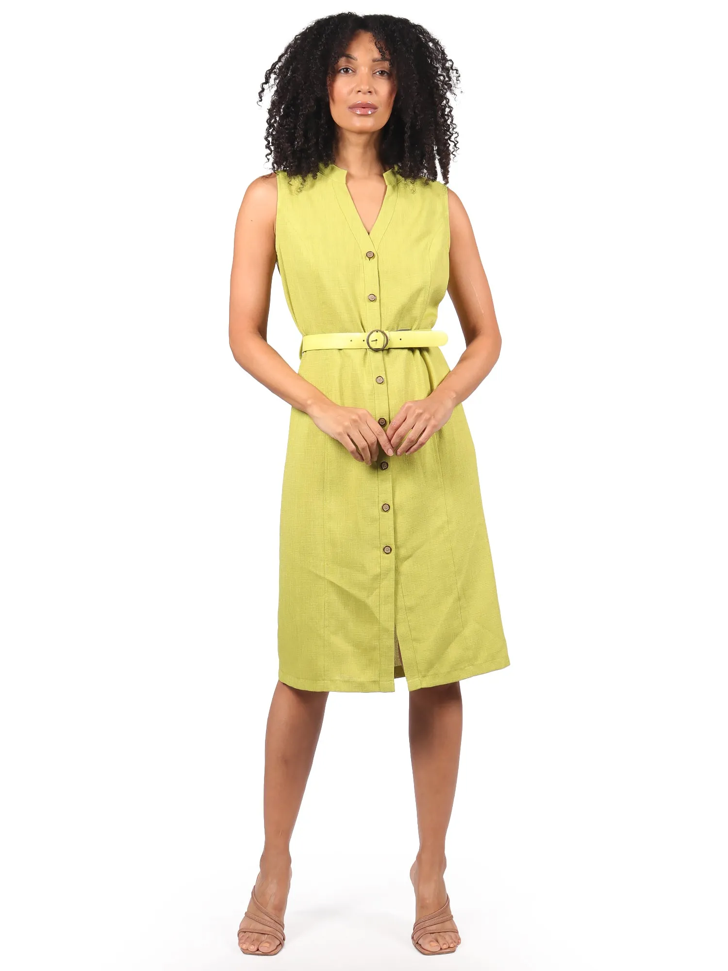 Vestido Recto, Cuello Redondo, Sin Manga, con Cinturon, Liso