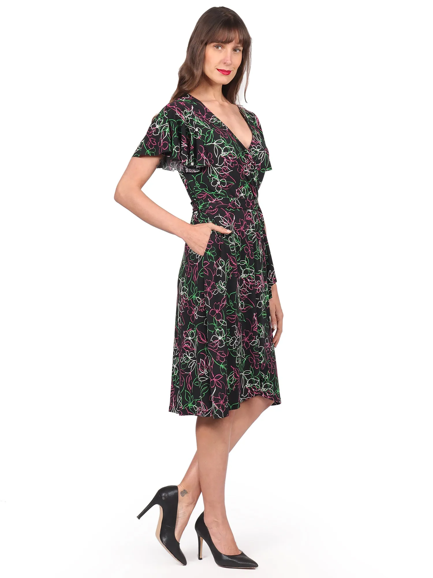 Vestido, Cuello en V, Manga Corta, con Amarre, Estampado